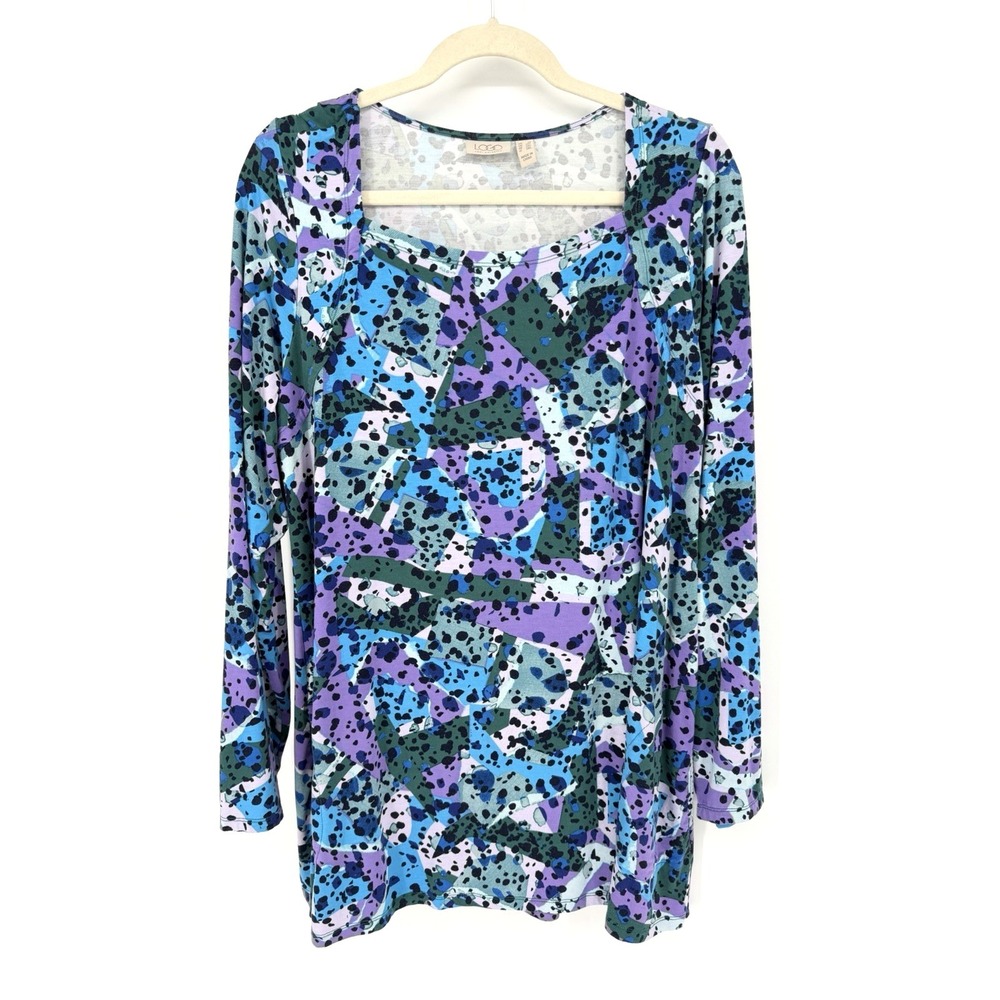 LOGO LORI GOLDSTEIN "Marla"‎ Tunic Top Plus 1XL Square Neck Bold Abstract Artsy